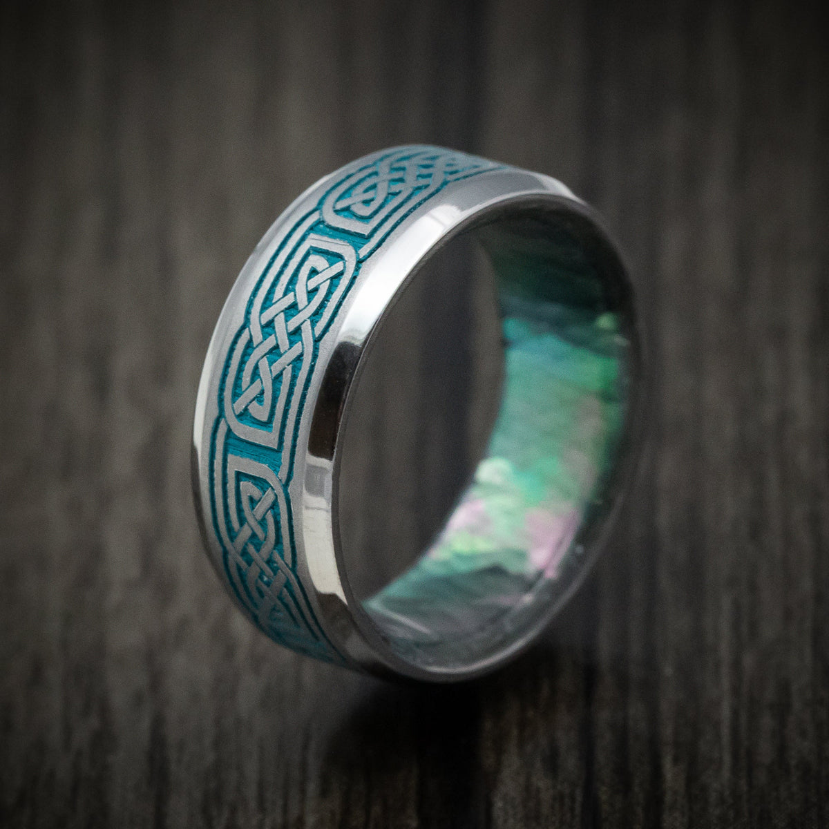 Storm XIV - Tantalum Men's Wedding Ring with Celtic Knot Cerakote Inlay and Black Mother of Pearl Sleeve Band - view 4 - Nura Lab
