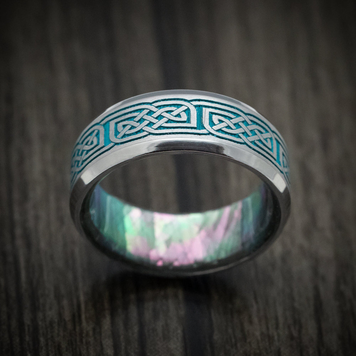 Storm XIV - Tantalum Men's Wedding Ring with Celtic Knot Cerakote Inlay and Black Mother of Pearl Sleeve Band - view 2 - Nura Lab