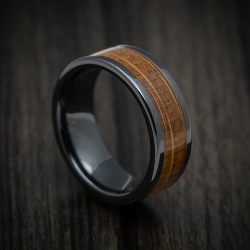 Crown XII - Black Ceramic and Whiskey Barrel Wood Inlay Custom Men's Wedding Ring - Nura Lab