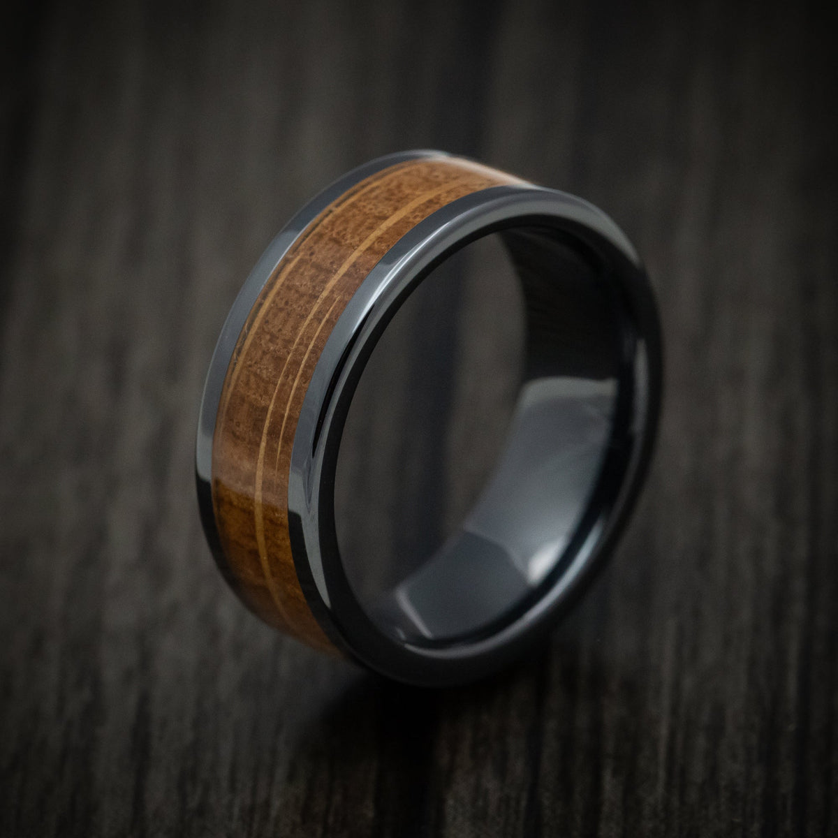 Crown XII - Black Ceramic and Whiskey Barrel Wood Inlay Custom Men's Wedding Ring - view 4 - Nura Lab
