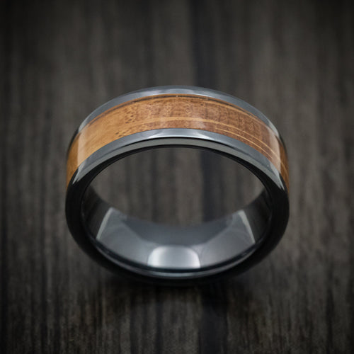 Crown XII - Black Ceramic and Whiskey Barrel Wood Inlay Custom Men's Wedding Ring - view 2 - Nura Lab