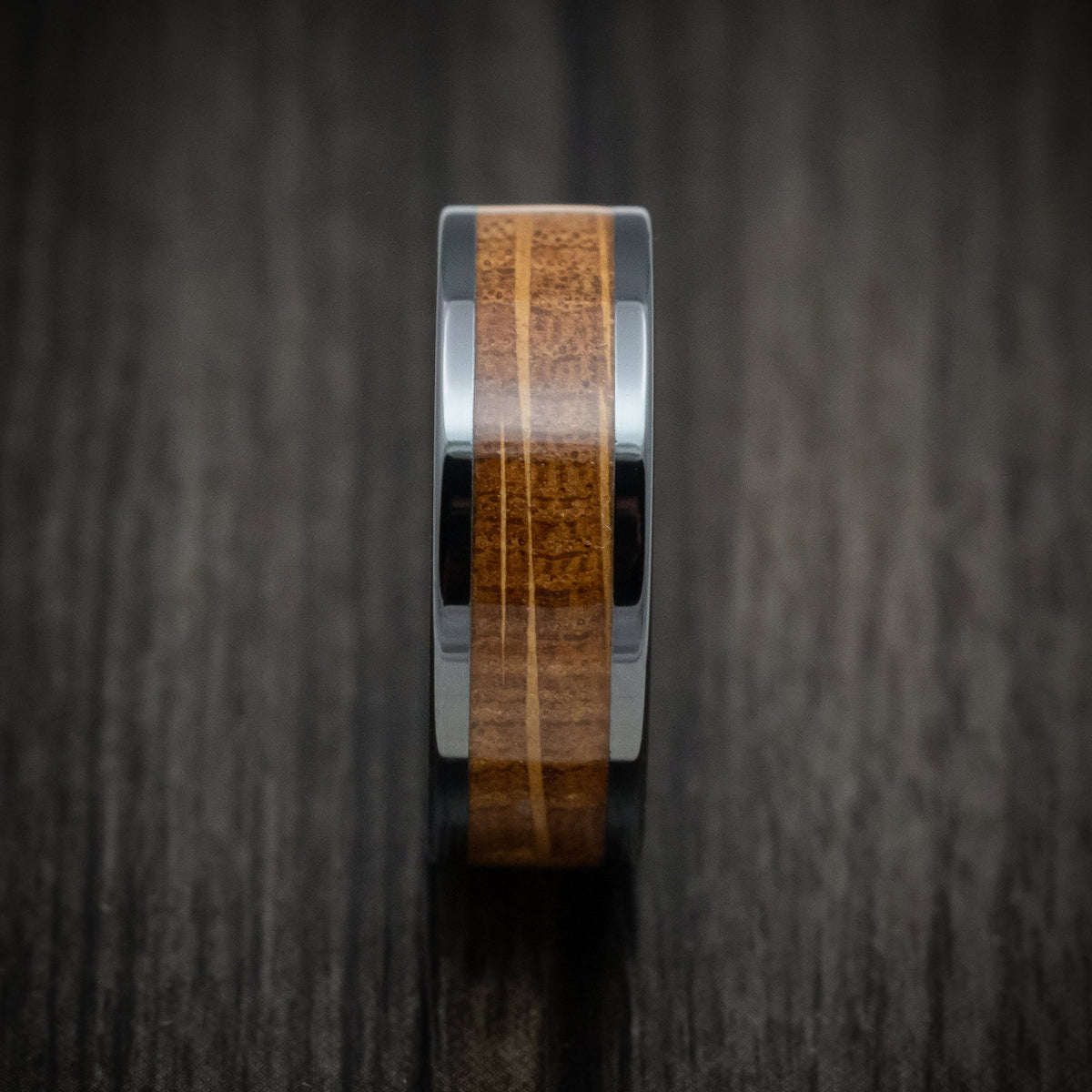 Crown XII - Black Ceramic and Whiskey Barrel Wood Inlay Custom Men's Wedding Ring - view 3 - Nura Lab