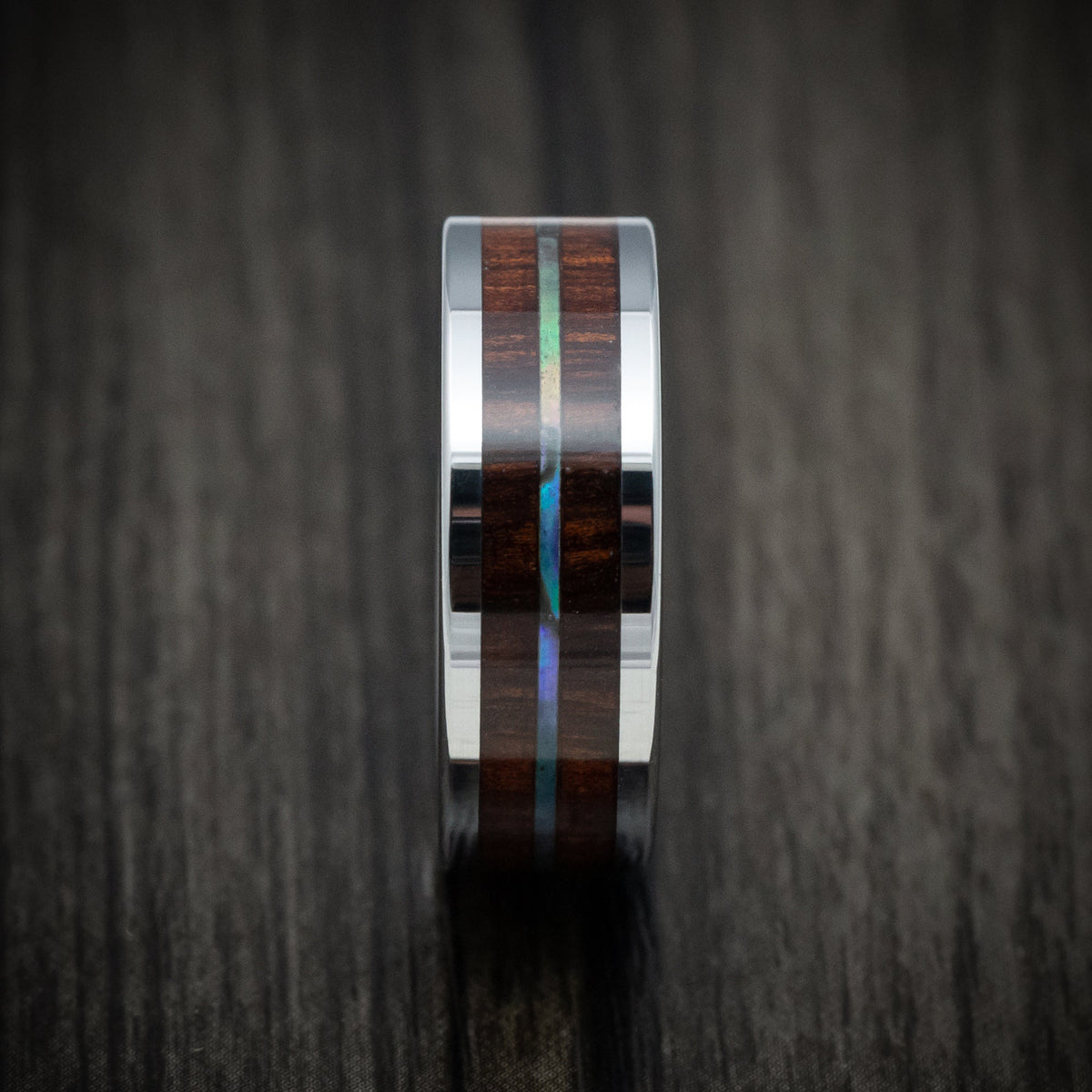 King George XIII - Cobalt Chrome Men's Wedding Ring with Koa Wood and Abalone Inlays Band - view 3 - Nura Lab