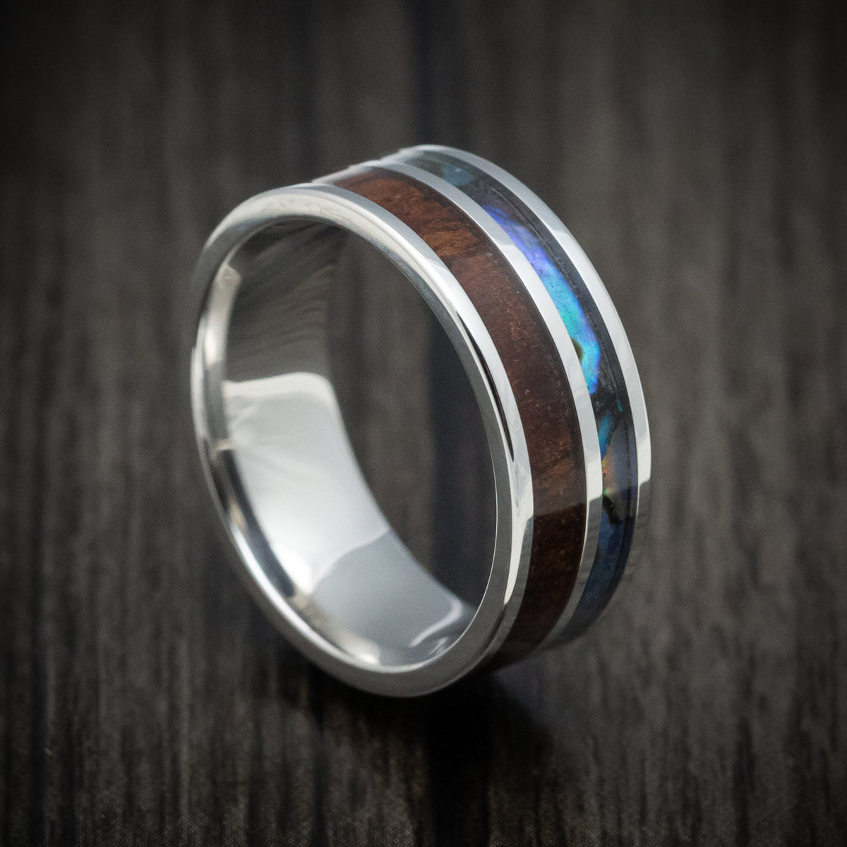 Mariner XII - Cobalt Chrome Men's Wedding Ring with Koa Wood and Abalone Inlays Band - Nura Lab