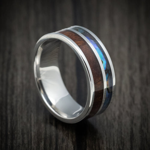 Mariner XII - Cobalt Chrome Men's Wedding Ring with Koa Wood and Abalone Inlays Band - Nura Lab