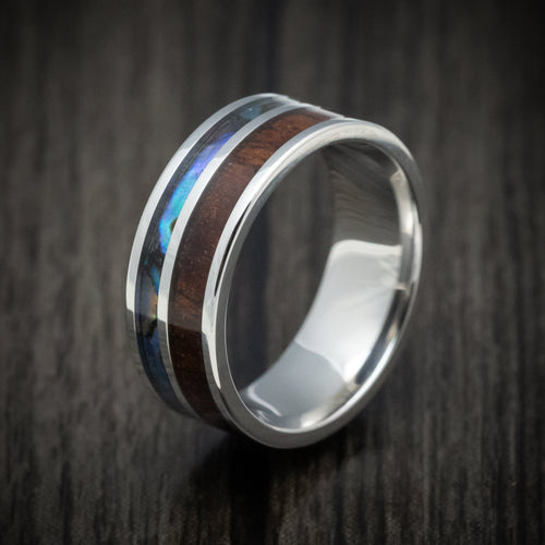 Mariner XII - Cobalt Chrome Men's Wedding Ring with Koa Wood and Abalone Inlays Band - view 4 - Nura Lab
