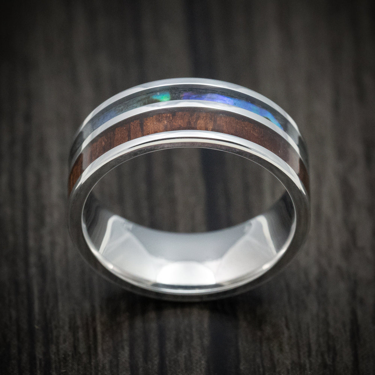 Mariner XII - Cobalt Chrome Men's Wedding Ring with Koa Wood and Abalone Inlays Band - view 2 - Nura Lab