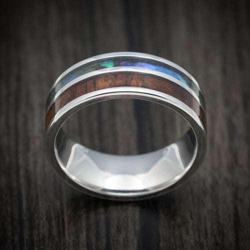 Mariner XII - Cobalt Chrome Men's Wedding Ring with Koa Wood and Abalone Inlays Band - view 2 - Nura Lab