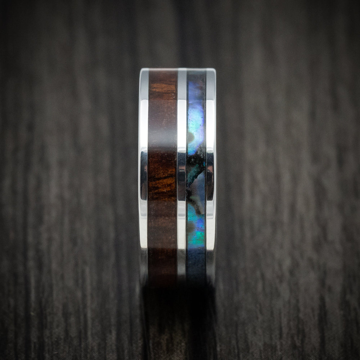 Mariner XII - Cobalt Chrome Men's Wedding Ring with Koa Wood and Abalone Inlays Band - view 3 - Nura Lab