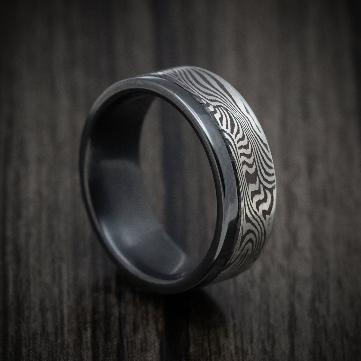 Falcon XI - Black Zirconium and Sunset Kuro Damascus Steel Men's Wedding Ring Band - Nura Lab