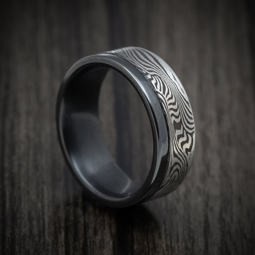 Falcon XI - Black Zirconium and Sunset Kuro Damascus Steel Men's Wedding Ring Band - Nura Lab