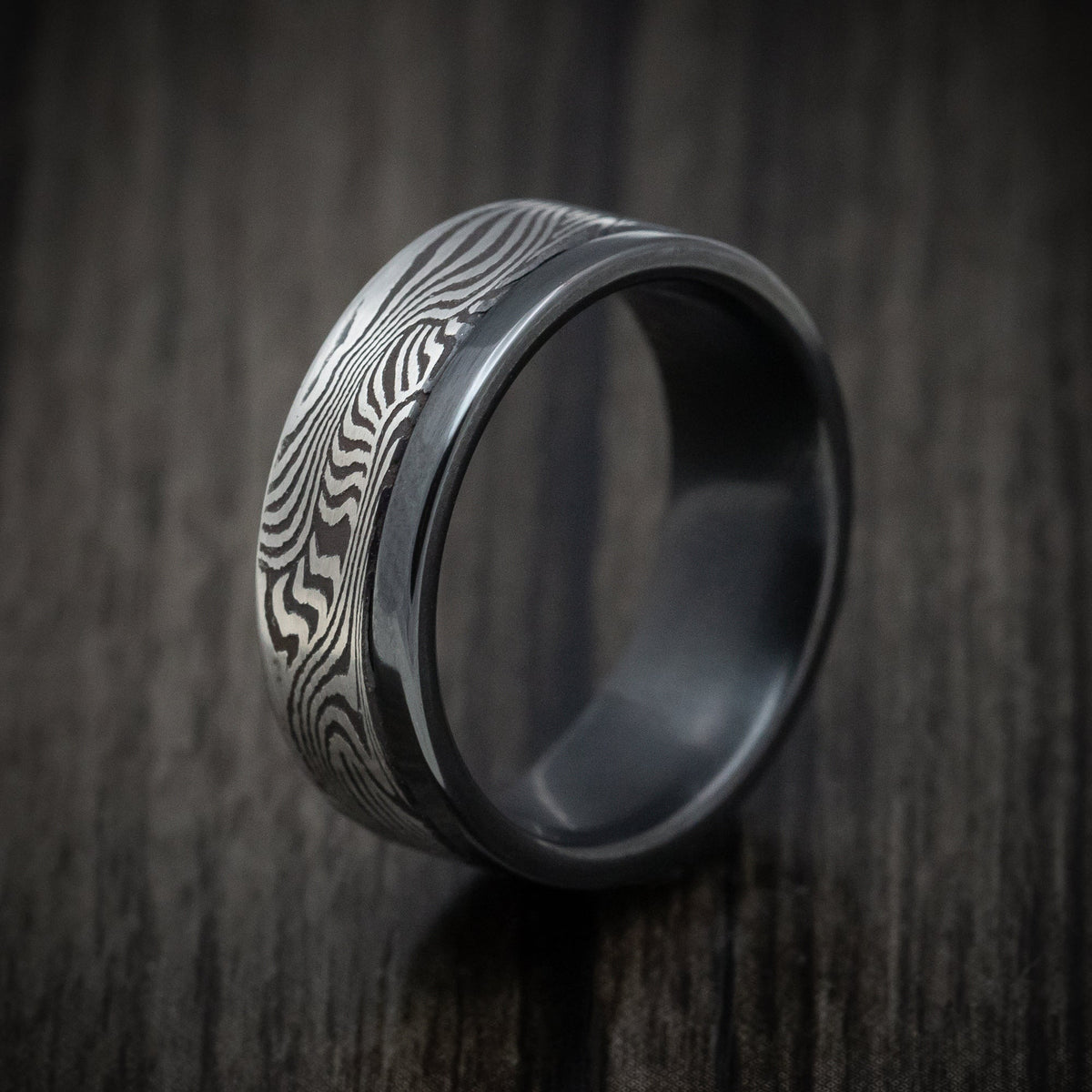 Falcon XI - Black Zirconium and Sunset Kuro Damascus Steel Men's Wedding Ring Band - view 4 - Nura Lab