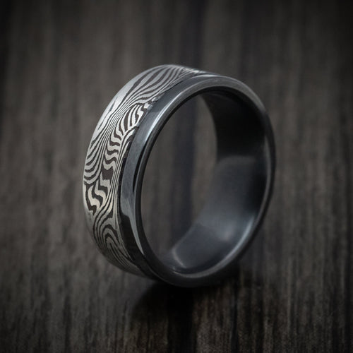 Falcon XI - Black Zirconium and Sunset Kuro Damascus Steel Men's Wedding Ring Band - view 4 - Nura Lab