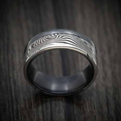Falcon XI - Black Zirconium and Sunset Kuro Damascus Steel Men's Wedding Ring Band - view 2 - Nura Lab