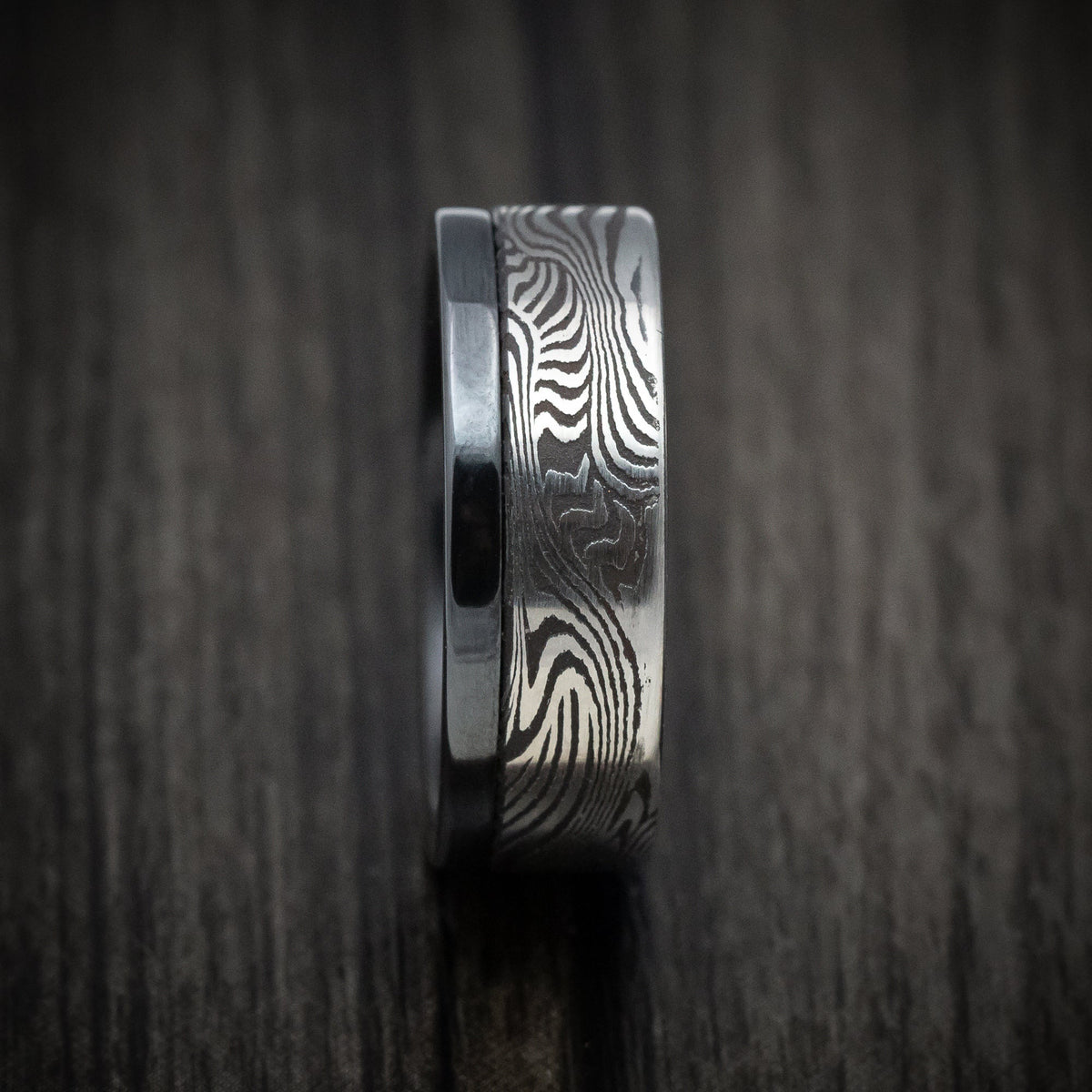 Falcon XI - Black Zirconium and Sunset Kuro Damascus Steel Men's Wedding Ring Band - view 3 - Nura Lab