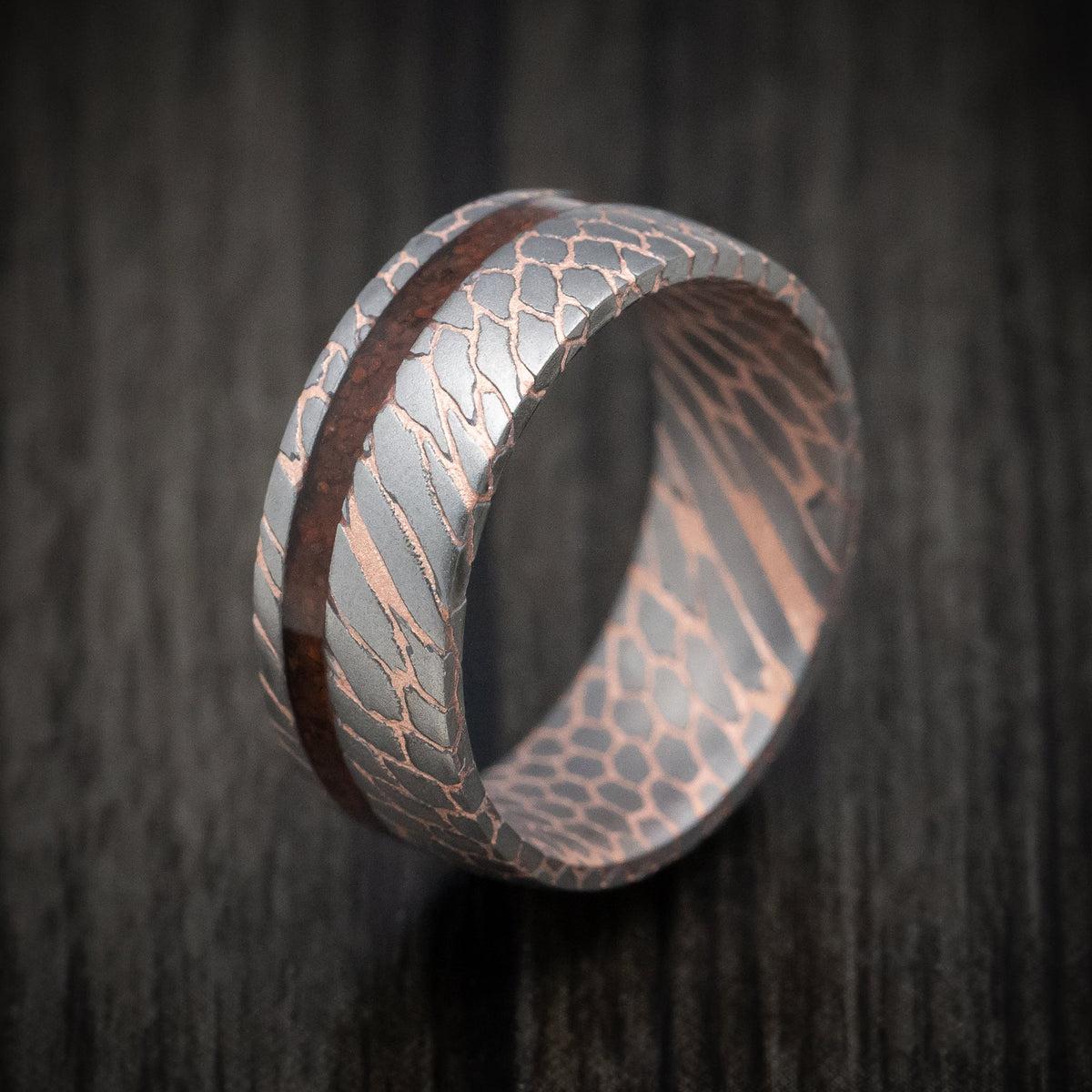 Midnight XVI - Superconductor Men's Wedding Ring with Dinosaur Bone Inlay Band - view 4 - Nura Lab