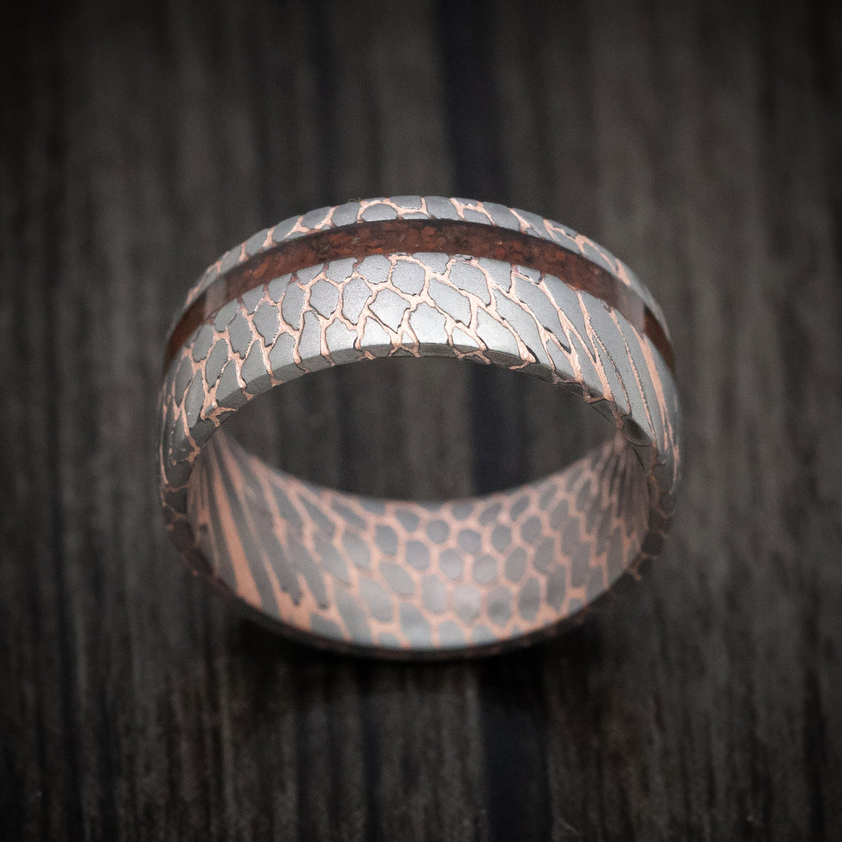 Midnight XVI - Superconductor Men's Wedding Ring with Dinosaur Bone Inlay Band - view 2 - Nura Lab