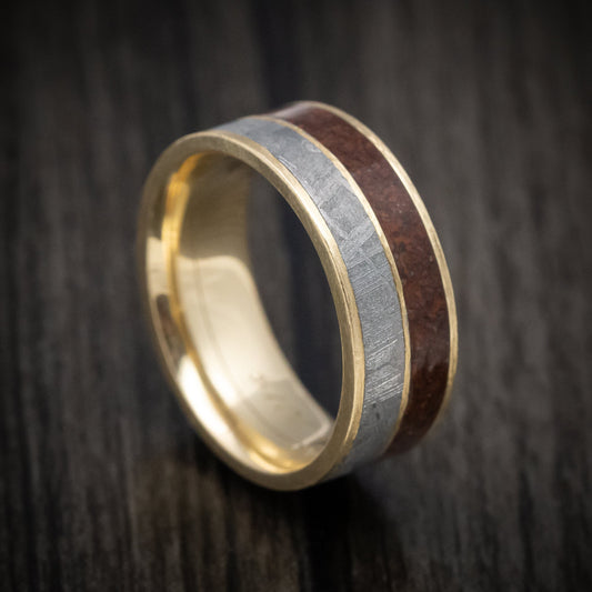 Commander XVI - 14K Gold Dinosaur Bone And Gibeon Meteorite Men's Wedding Ring Fossil Band - Nura Lab