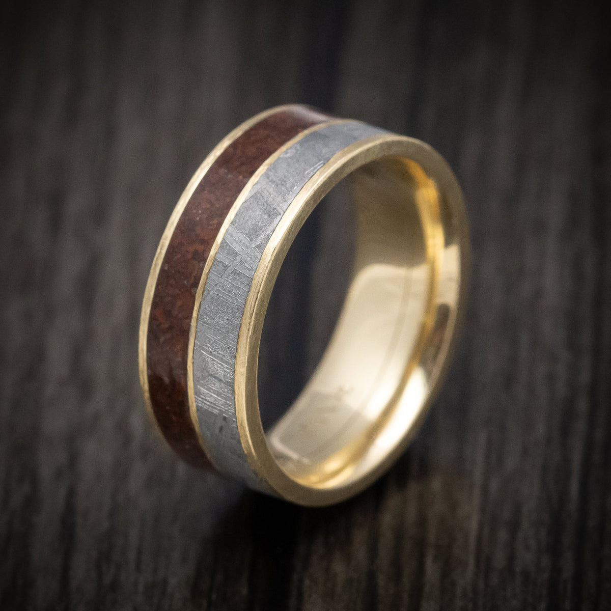 Commander XVI - 14K Gold Dinosaur Bone And Gibeon Meteorite Men's Wedding Ring Fossil Band - view 4 - Nura Lab