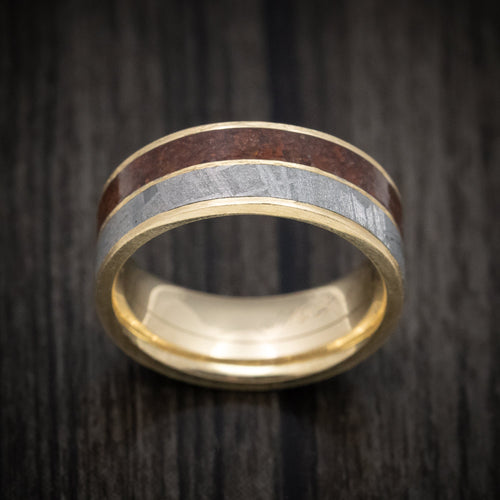 Commander XVI - 14K Gold Dinosaur Bone And Gibeon Meteorite Men's Wedding Ring Fossil Band - view 2 - Nura Lab