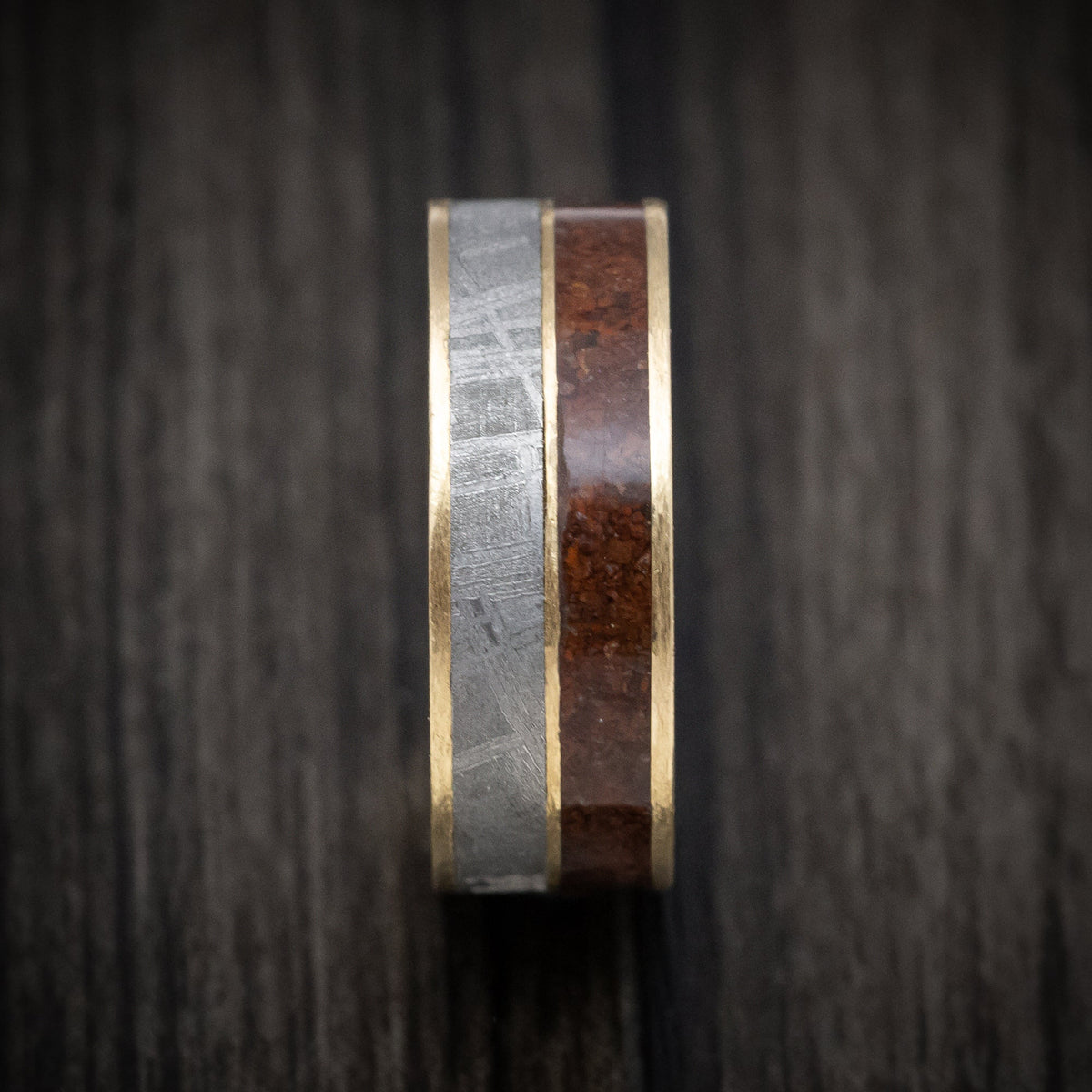Commander XVI - 14K Gold Dinosaur Bone And Gibeon Meteorite Men's Wedding Ring Fossil Band - view 3 - Nura Lab