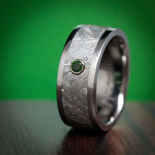 Kodiak XIII - Tantalum and Meteorite Men's Wedding Ring with Green Diamond Band - view 5 - Nura Lab