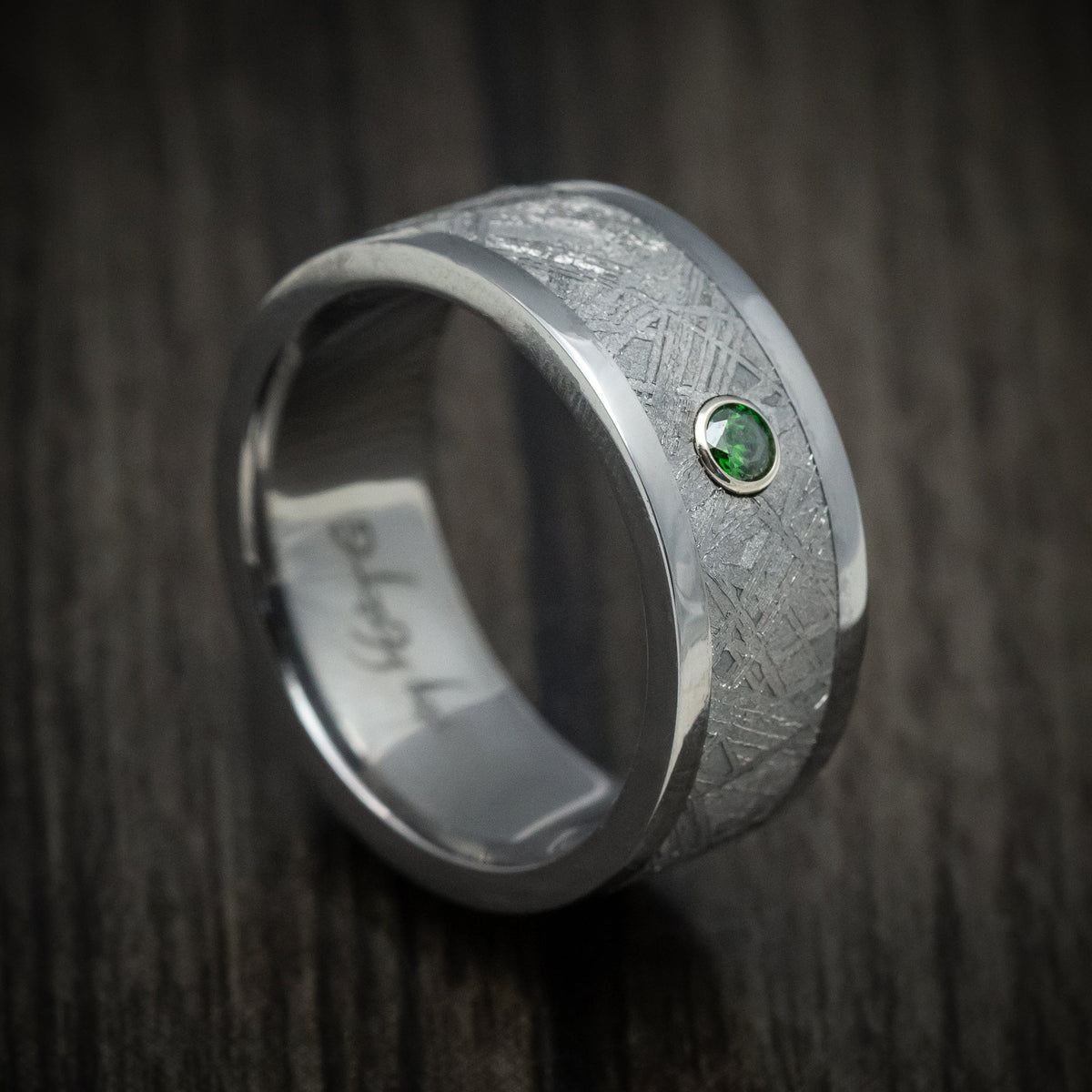 Kodiak XIII - Tantalum and Meteorite Men's Wedding Ring with Green Diamond Band - Nura Lab