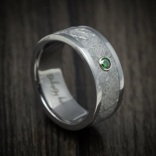 Kodiak XIII - Tantalum and Meteorite Men's Wedding Ring with Green Diamond Band - Nura Lab