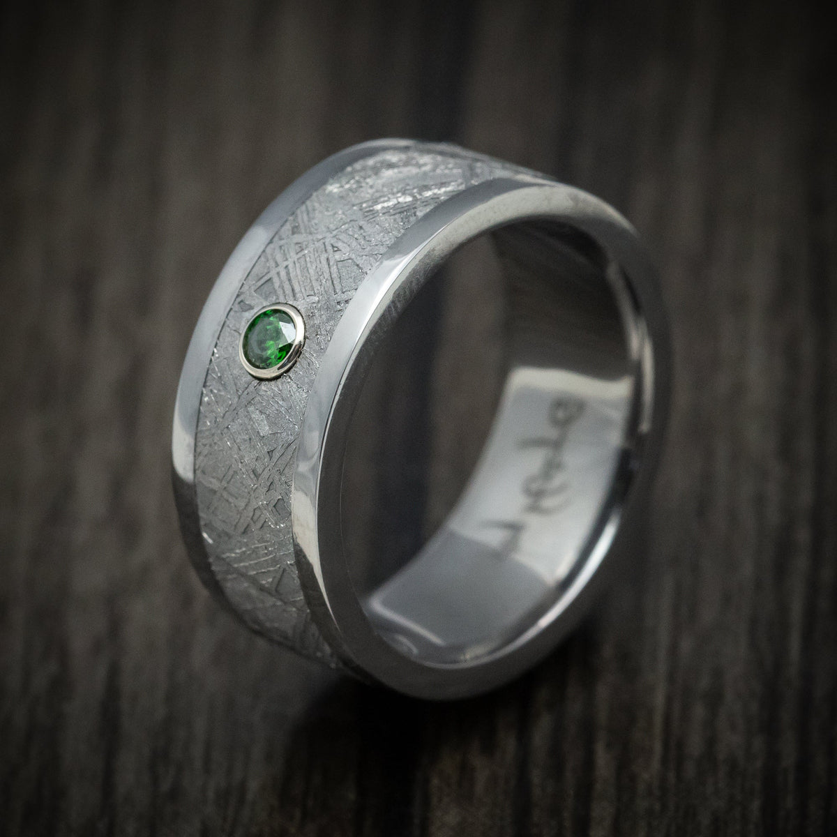 Kodiak XIII - Tantalum and Meteorite Men's Wedding Ring with Green Diamond Band - view 4 - Nura Lab