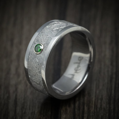 Kodiak XIII - Tantalum and Meteorite Men's Wedding Ring with Green Diamond Band - view 4 - Nura Lab
