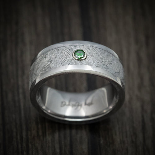 Kodiak XIII - Tantalum and Meteorite Men's Wedding Ring with Green Diamond Band - view 2 - Nura Lab