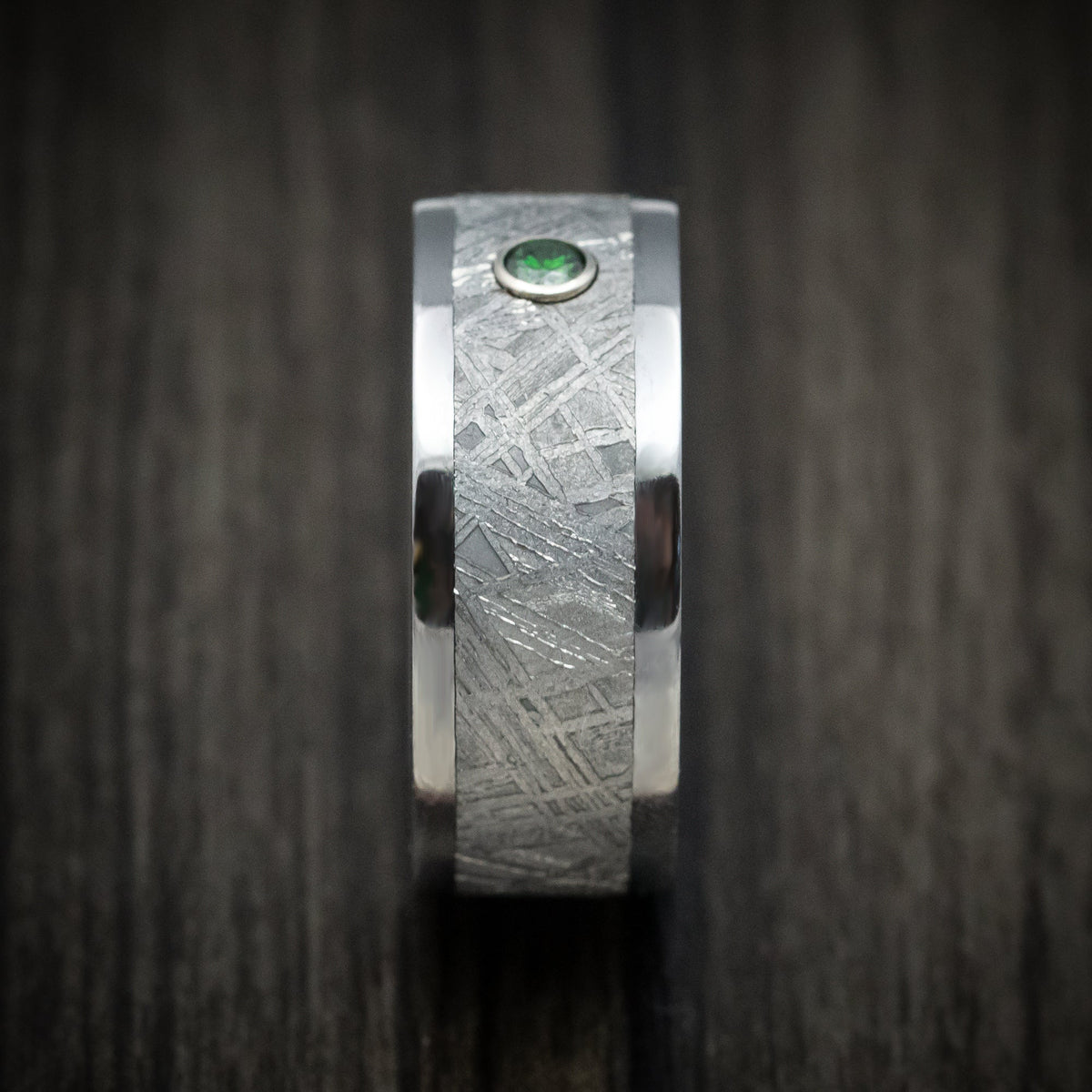 Kodiak XIII - Tantalum and Meteorite Men's Wedding Ring with Green Diamond Band - view 3 - Nura Lab