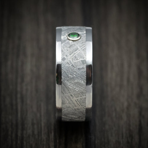 Kodiak XIII - Tantalum and Meteorite Men's Wedding Ring with Green Diamond Band - view 3 - Nura Lab