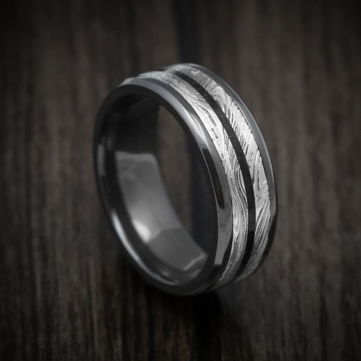 Slate XI - Black Zirconium Men's Wedding Ring with Marble Kuro Damascus Steel and Onyx Stone Inlay - Nura Lab