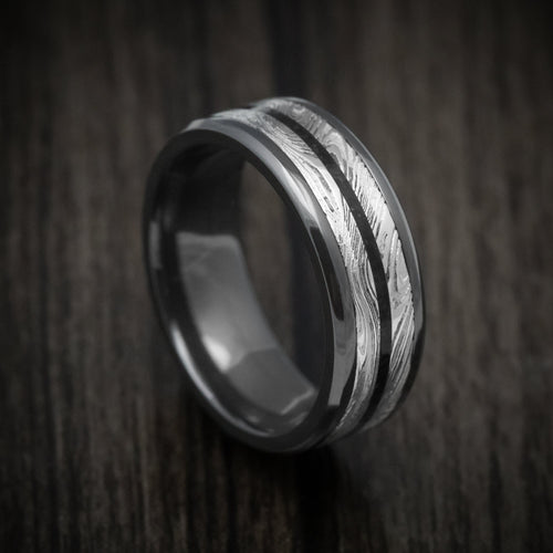Slate XI - Black Zirconium Men's Wedding Ring with Marble Kuro Damascus Steel and Onyx Stone Inlay - Nura Lab