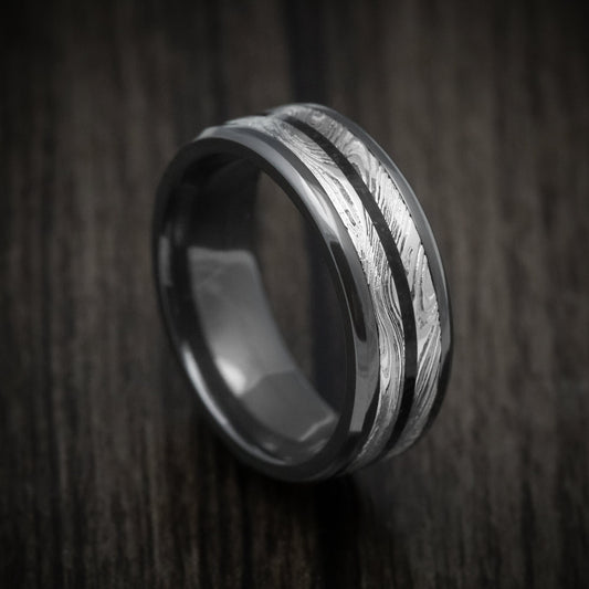 Slate XI - Black Zirconium Men's Wedding Ring with Marble Kuro Damascus Steel and Onyx Stone Inlay - Nura Lab