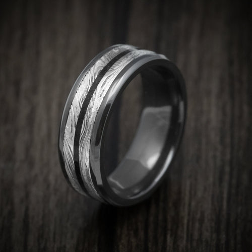 Slate XI - Black Zirconium Men's Wedding Ring with Marble Kuro Damascus Steel and Onyx Stone Inlay - view 4 - Nura Lab