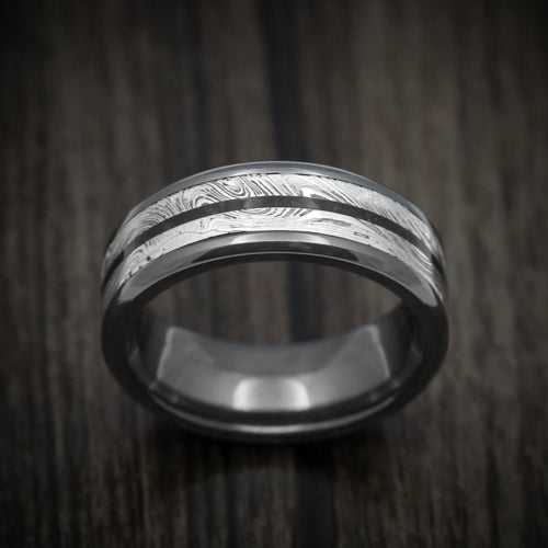Slate XI - Black Zirconium Men's Wedding Ring with Marble Kuro Damascus Steel and Onyx Stone Inlay - view 2 - Nura Lab