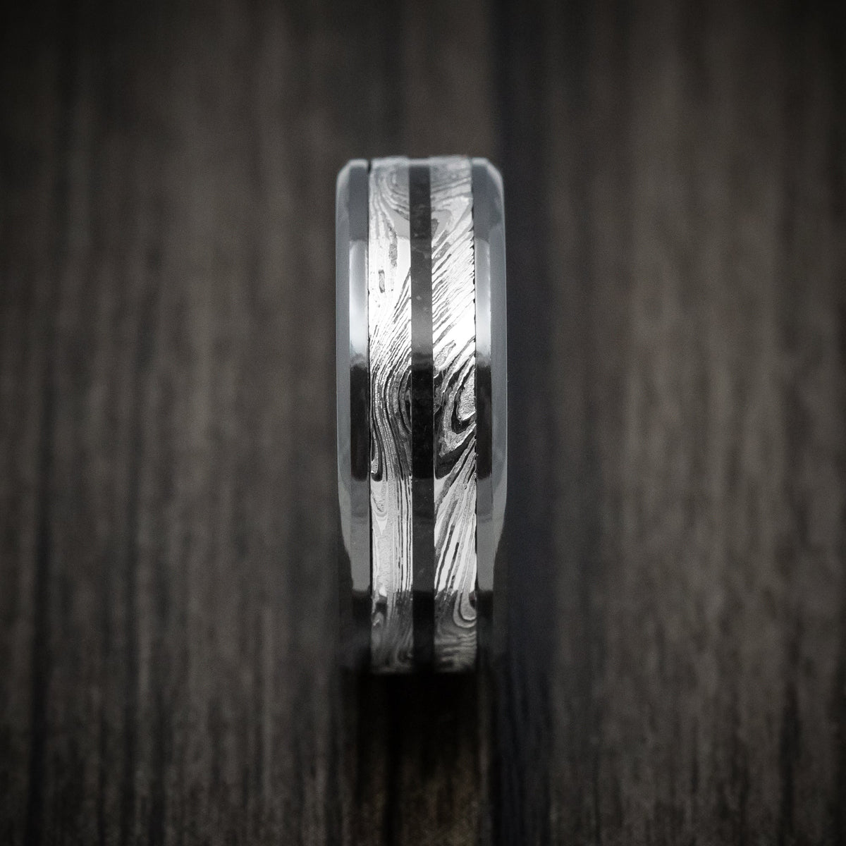 Slate XI - Black Zirconium Men's Wedding Ring with Marble Kuro Damascus Steel and Onyx Stone Inlay - view 3 - Nura Lab