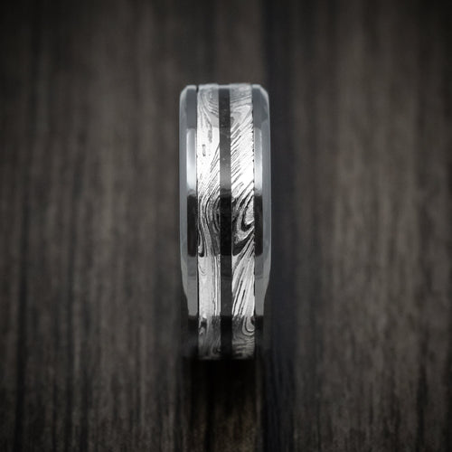 Slate XI - Black Zirconium Men's Wedding Ring with Marble Kuro Damascus Steel and Onyx Stone Inlay - view 3 - Nura Lab