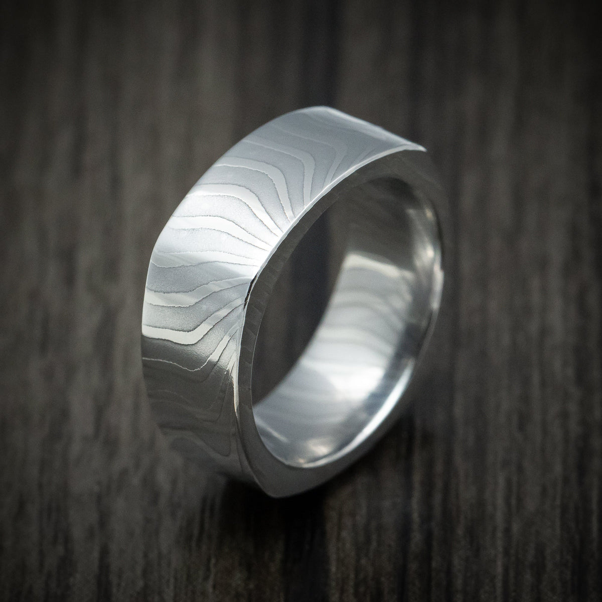 Ridge XII - Damascus Steel Squared Men's Wedding Ring Band - view 4 - Nura Lab