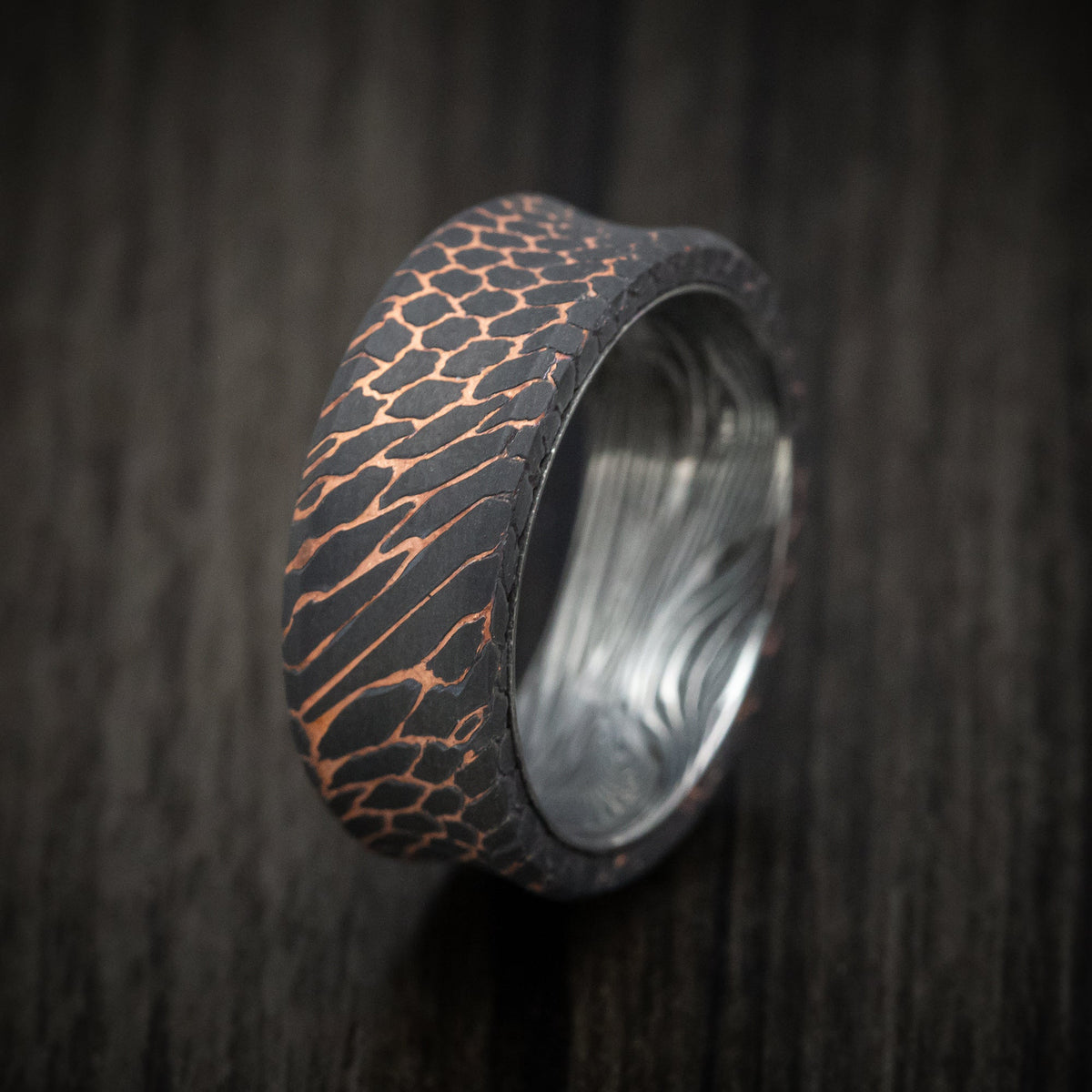 Augustus IX - Darkened Superconductor Men's Wedding Ring with Sunset Kuro Damascus Steel Sleeve - view 5 - Nura Lab