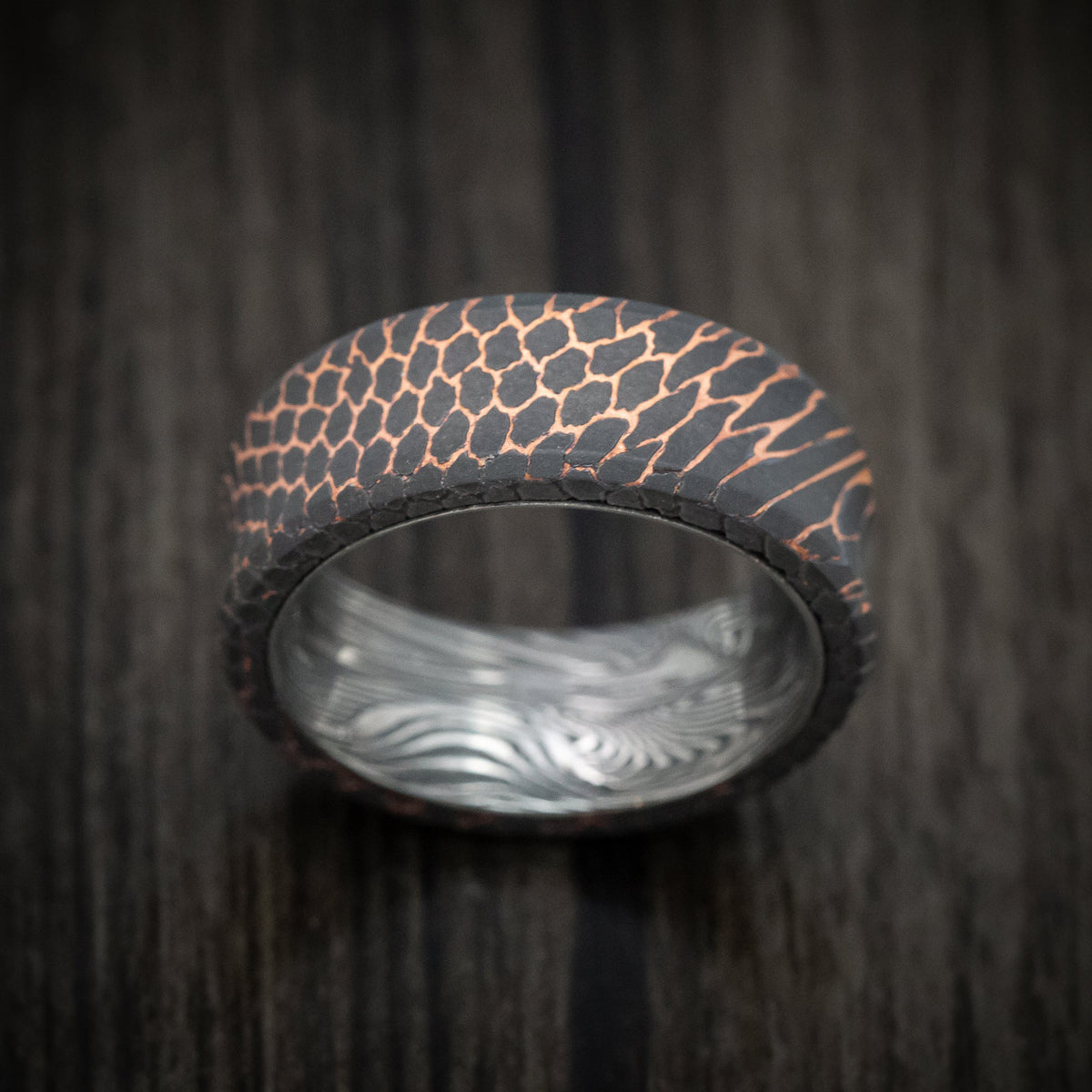 Augustus IX - Darkened Superconductor Men's Wedding Ring with Sunset Kuro Damascus Steel Sleeve - view 2 - Nura Lab