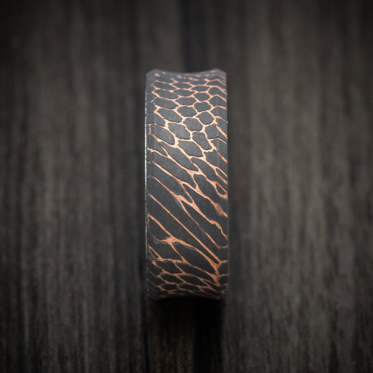 Augustus IX - Darkened Superconductor Men's Wedding Ring with Sunset Kuro Damascus Steel Sleeve - view 4 - Nura Lab