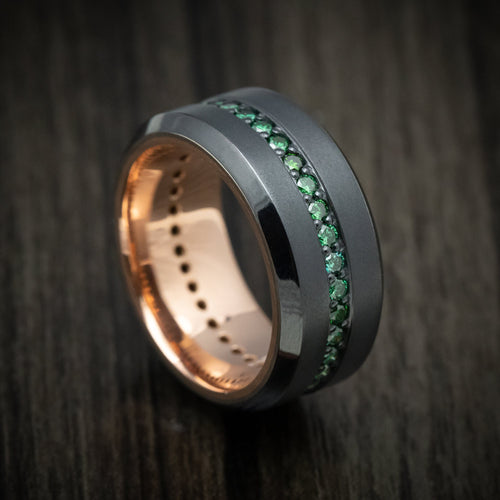 Blackstone XVIII - Black Zirconium and Green Diamond Men's Wedding Ring with 14K Gold Sleeve Band - Nura Lab