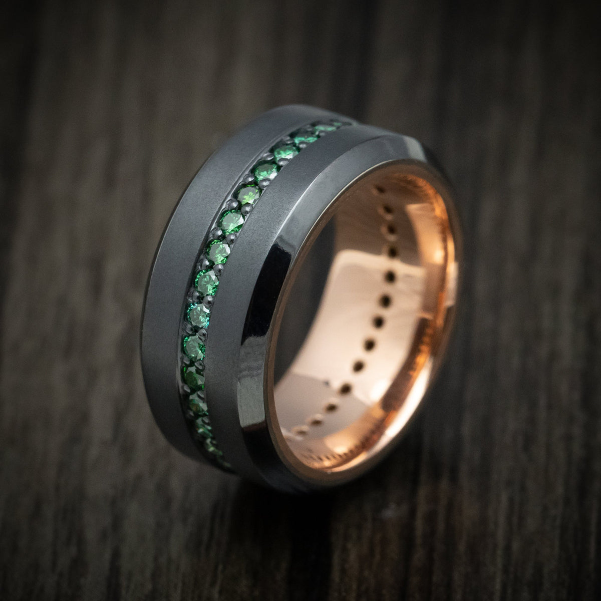 Blackstone XVIII - Black Zirconium and Green Diamond Men's Wedding Ring with 14K Gold Sleeve Band - view 4 - Nura Lab