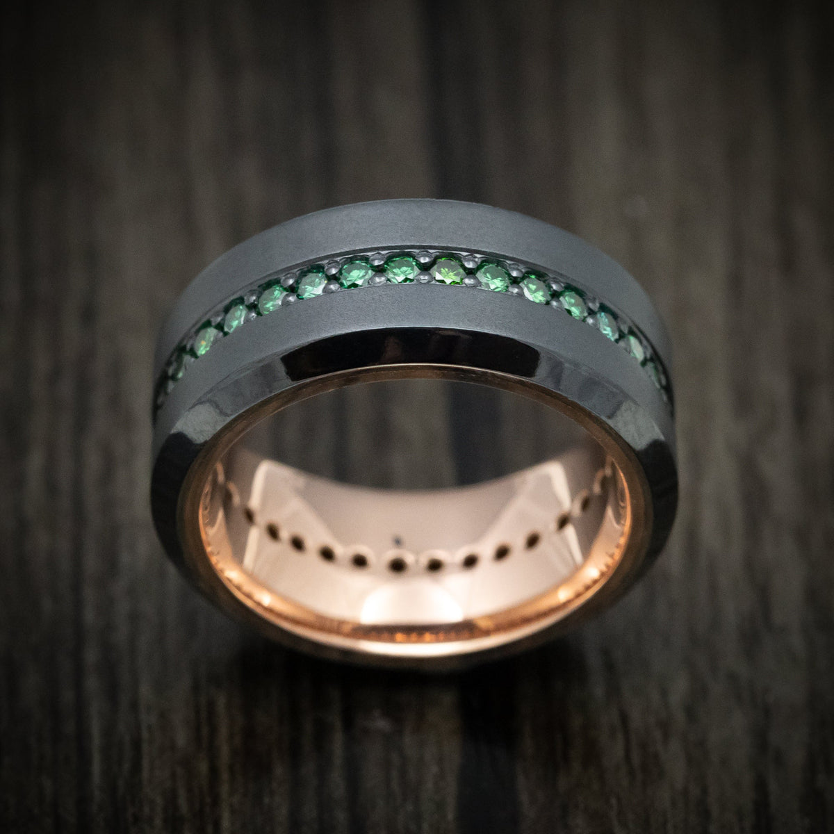 Blackstone XVIII - Black Zirconium and Green Diamond Men's Wedding Ring with 14K Gold Sleeve Band - view 2 - Nura Lab