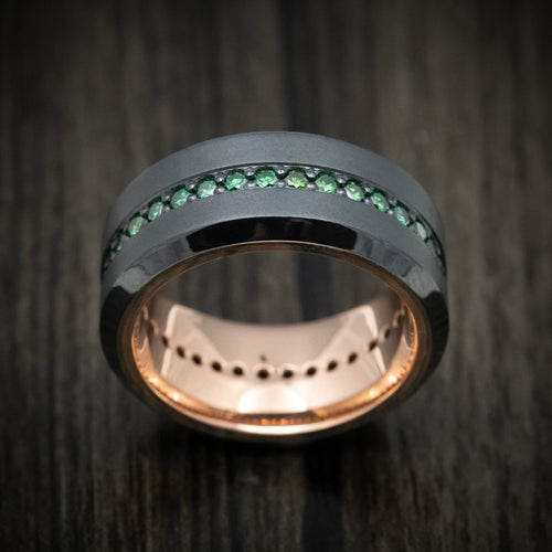Blackstone XVIII - Black Zirconium and Green Diamond Men's Wedding Ring with 14K Gold Sleeve Band - view 2 - Nura Lab