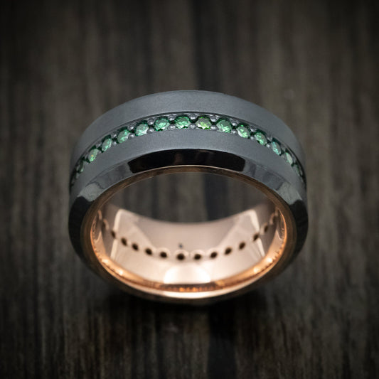Blackstone XVIII - Black Zirconium and Green Diamond Men's Wedding Ring with 14K Gold Sleeve Band - view 2 - Nura Lab