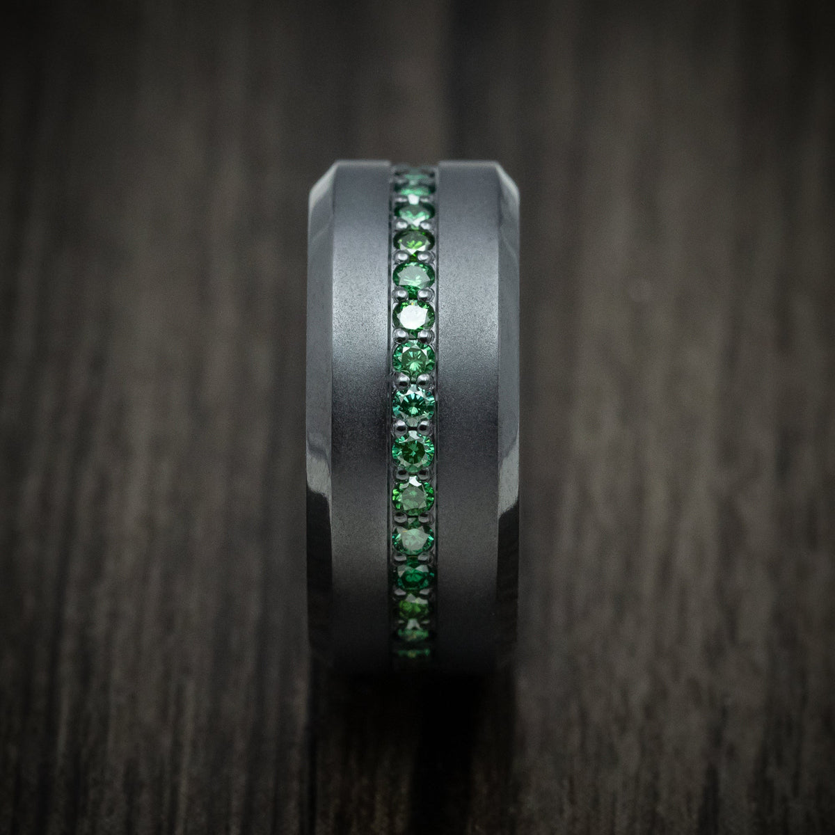 Blackstone XVIII - Black Zirconium and Green Diamond Men's Wedding Ring with 14K Gold Sleeve Band - view 3 - Nura Lab